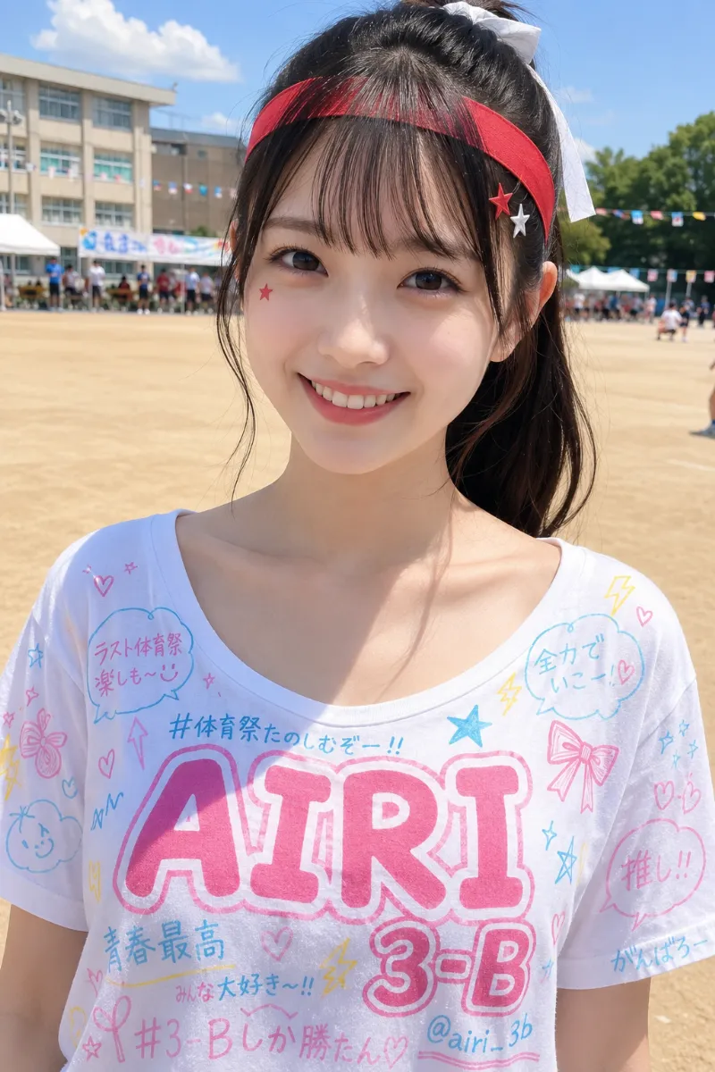 実写AI美女版｜黒髪ロングの高めポニーテールに赤いはちまきと白リボンを合わせた体育祭ヘアアレンジ