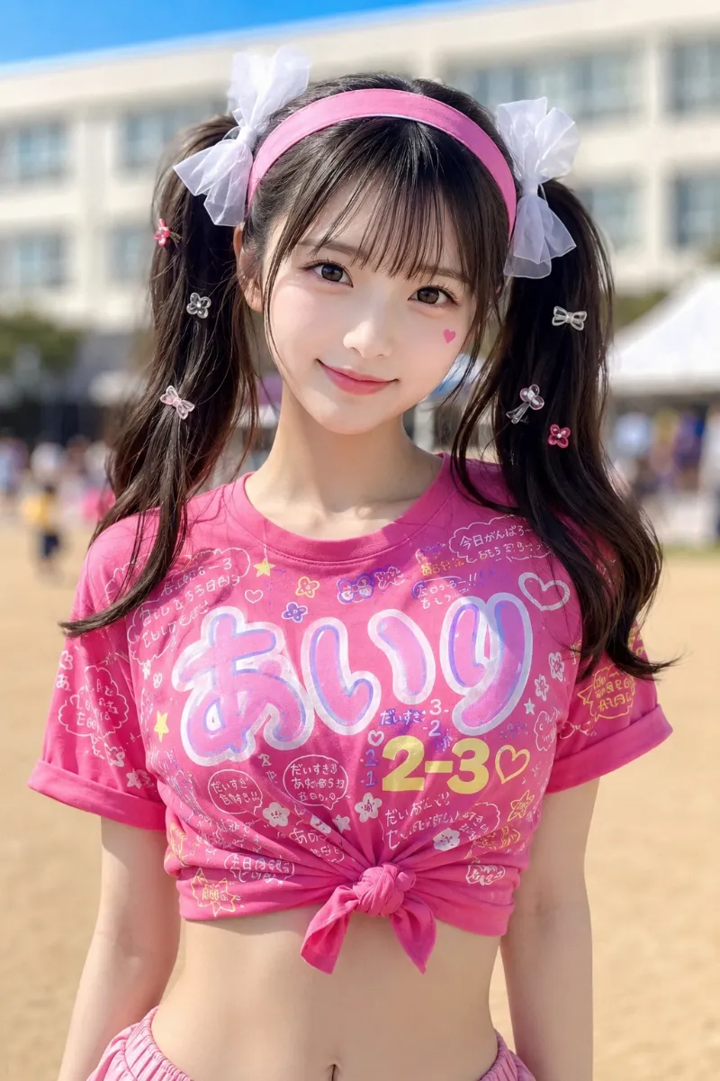 実写AI美女版｜暗めブラウンの高めツインテールに、ピンクのカチューシャ風はちまきと白リボンを合わせた体育祭ヘア