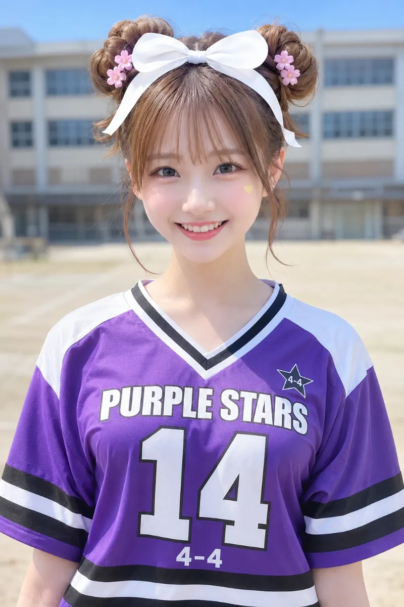 実写AI美女版｜明るめブラウンのツインお団子に、白いリボン結びはちまきと小花ピンを合わせた体育祭ヘア