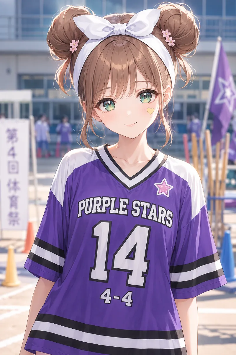 AIイラスト版｜明るめブラウンのツインお団子に、白いリボン結びはちまきと小花ピンを合わせた体育祭ヘア