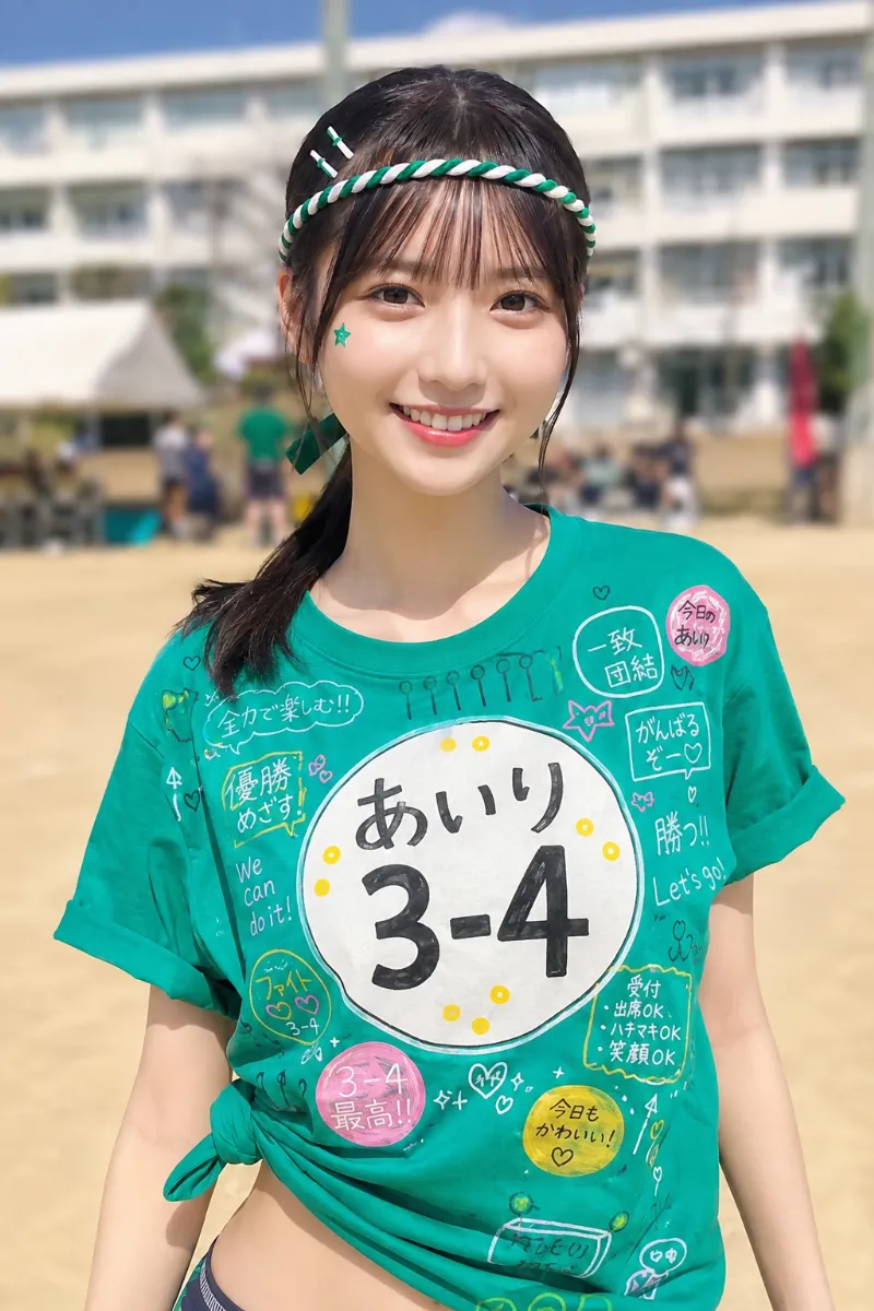 実写AI美女版｜黒髪の低めポニーテールに、緑白2色のねじりはちまきと緑リボンを合わせた体育祭ヘア