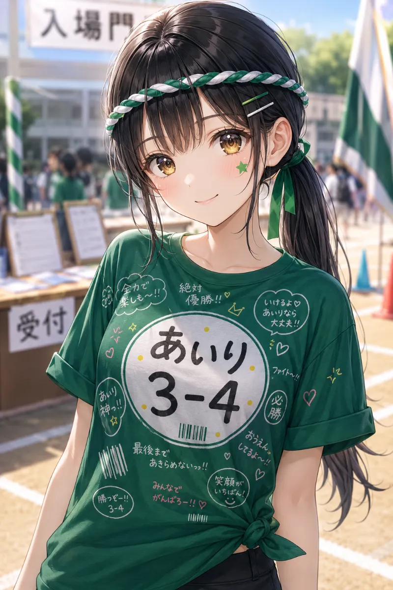 AIイラスト版｜黒髪の低めポニーテールに、緑白2色のねじりはちまきと緑リボンを合わせた体育祭ヘア