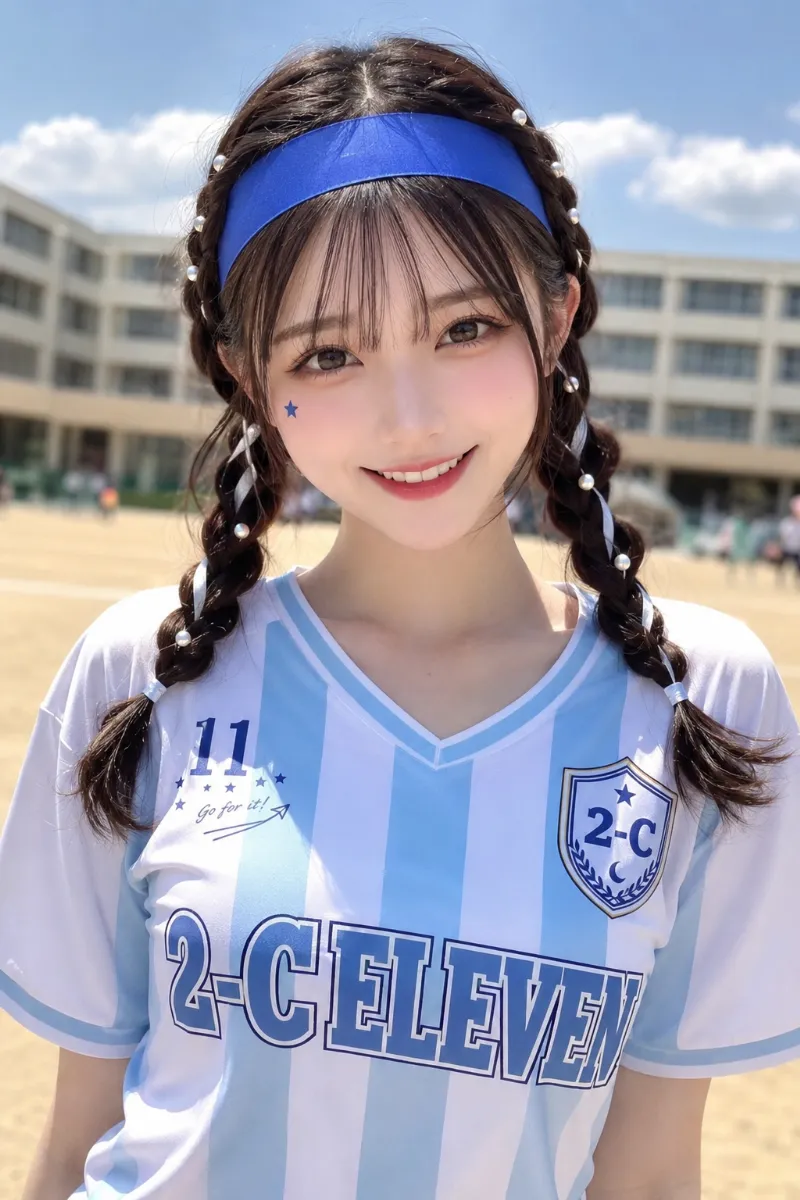 実写AI美女版｜暗めブラウンの編み込みツインに、ロイヤルブルーのはちまきと白リボンを合わせた体育祭ヘア