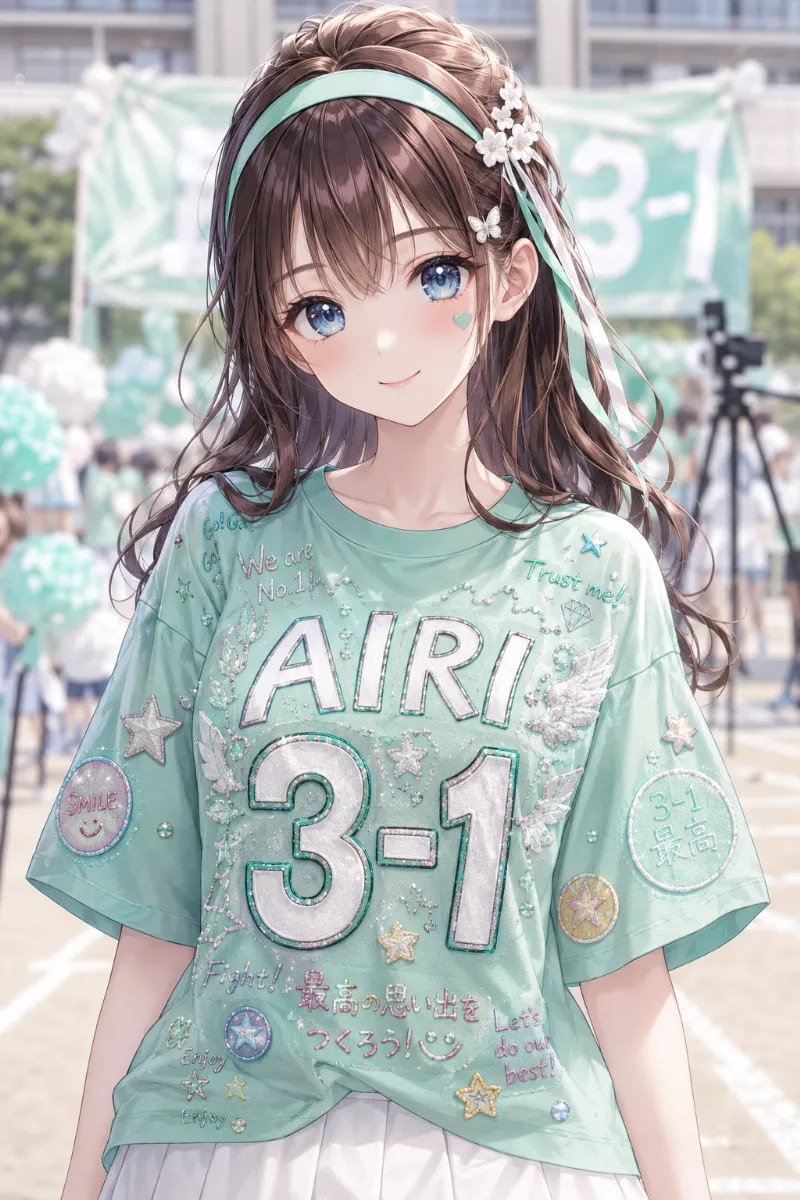 AIイラスト版｜チョコブラウンのハーフアップに、ミントグリーンのカチューシャ風はちまきと白い造花を合わせた体育祭ヘア