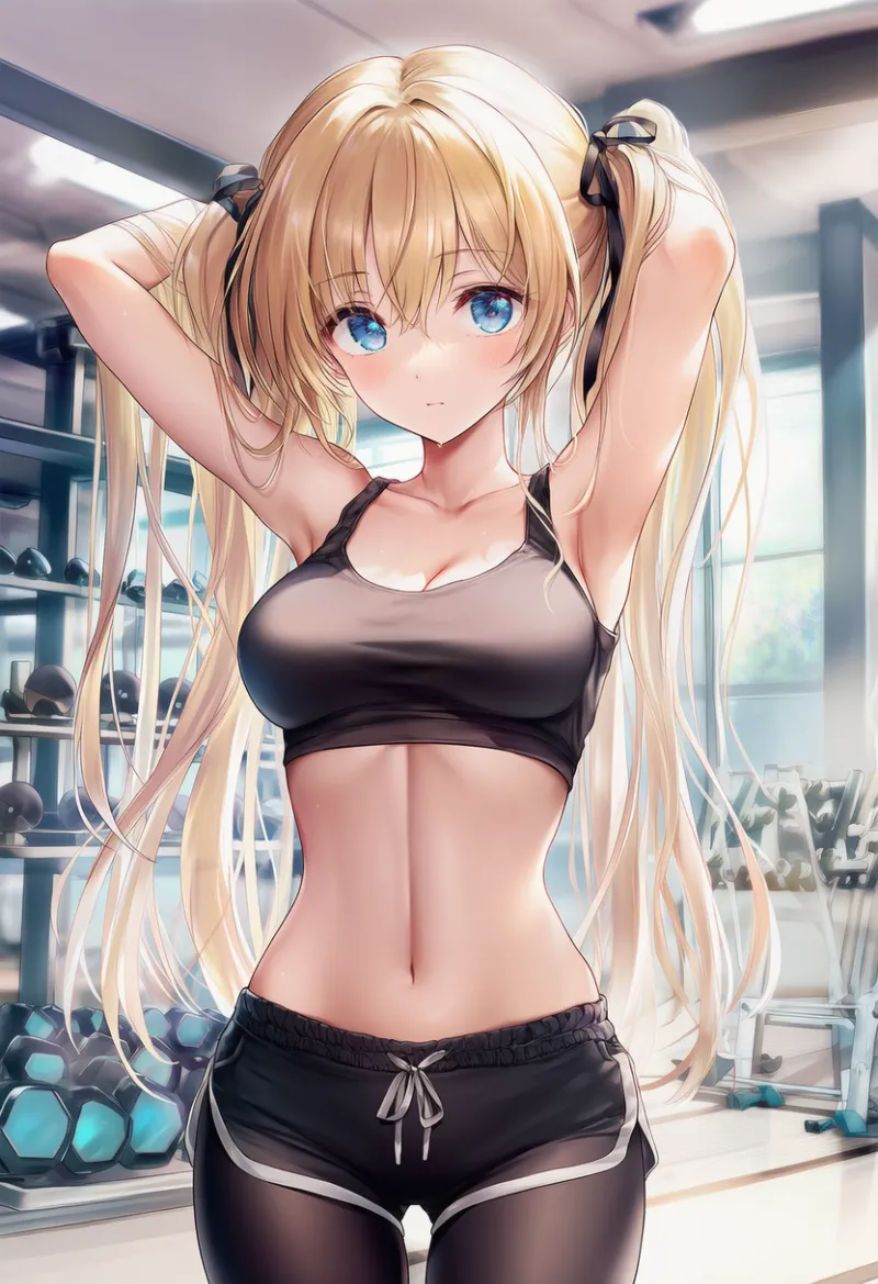 お腹の中央線（白線）を再現したAIイラスト（トレーニングジムでストレッチ中の女性キャラ）｜プロンプト紹介用：linea alba
