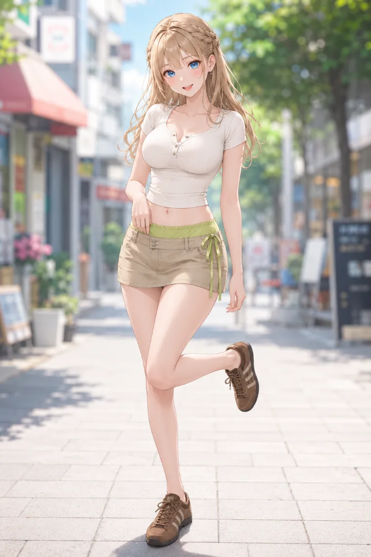 AIイラスト版｜白リブトップとライム色ピコット付きチノミニのランジェリーライクコーデ