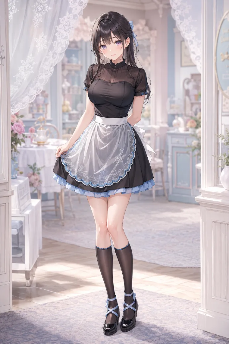 AIイラスト版｜チャコールのミニドレスに白いシアーチュールエプロンを重ねたランジェリーライクコーデ
