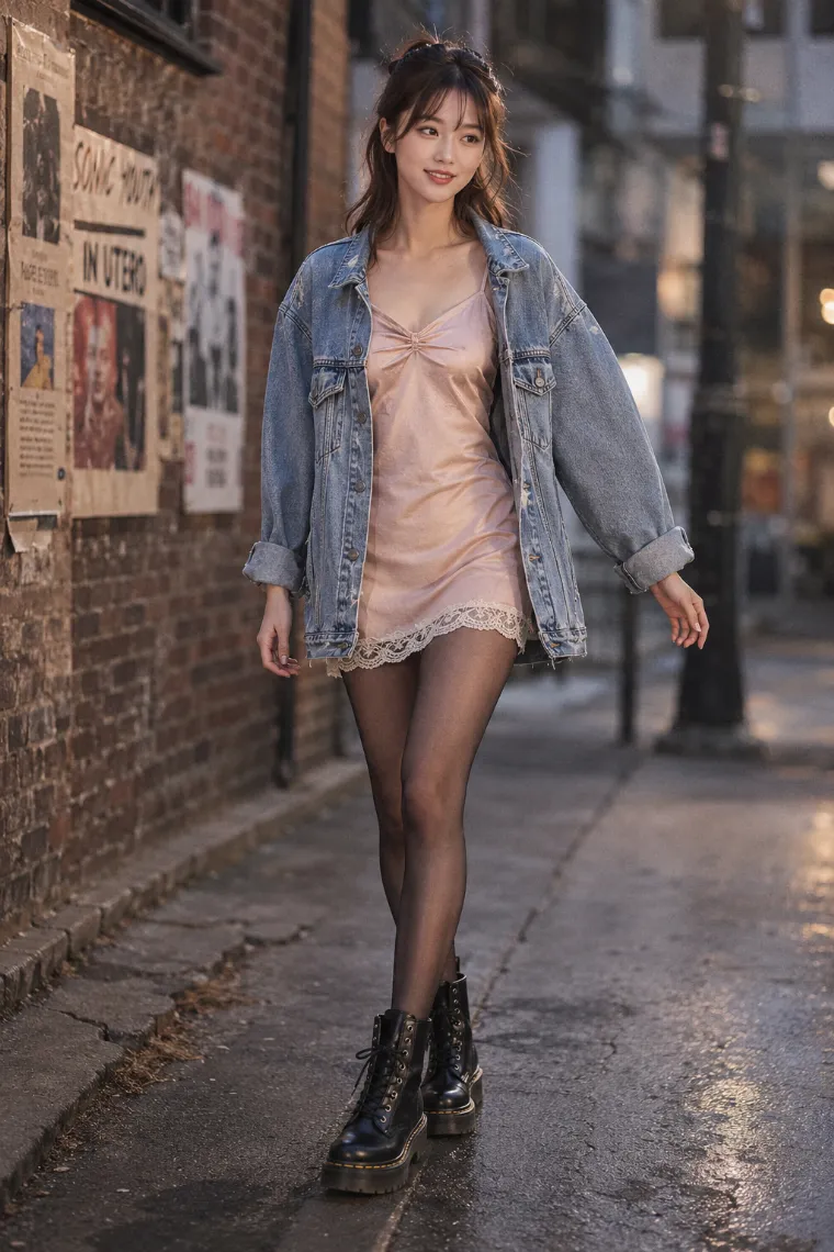 実写AI美女版｜ヌードピンクのスリップミニにライトブルーのデニムジャケットを合わせたランジェリーライクコーデ