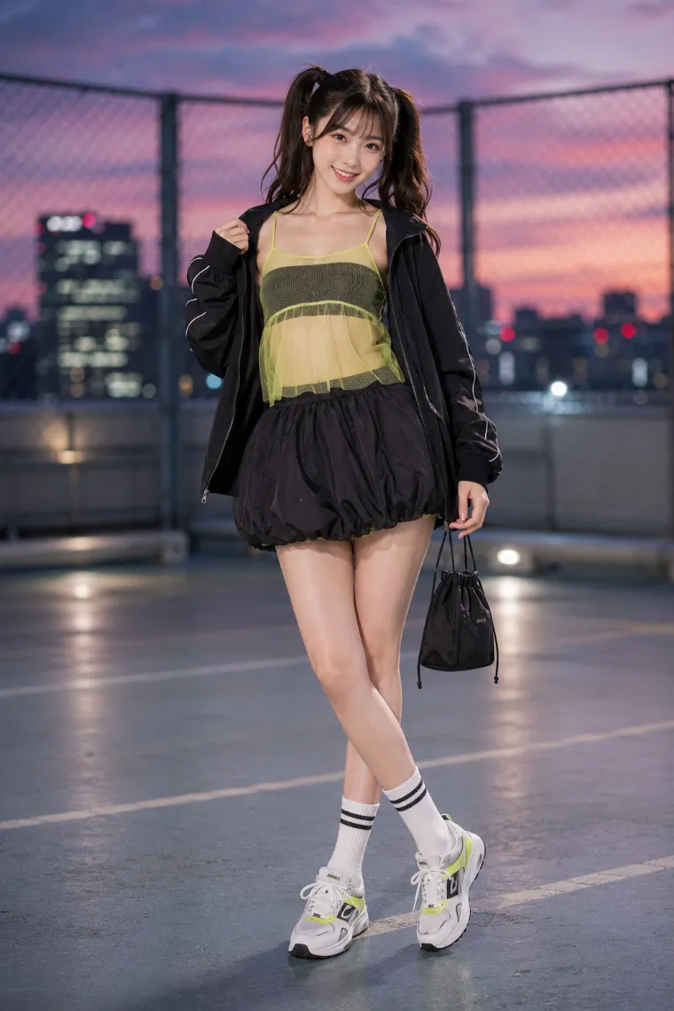 実写AI美女版｜黒トラックジャケットからネオンイエローのシアーキャミを見せたランジェリーライクコーデ