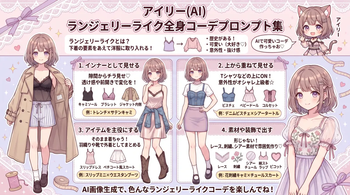 ランジェリーライクなファッションの全身コーデプロンプト集のまとめ用の図解イラスト（グラレコ）