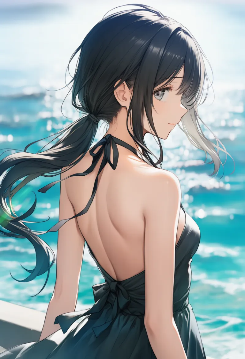 女性キャラの後ろ姿、背中の中央の溝を描写したAIイラスト｜プロンプト紹介用：median furrow