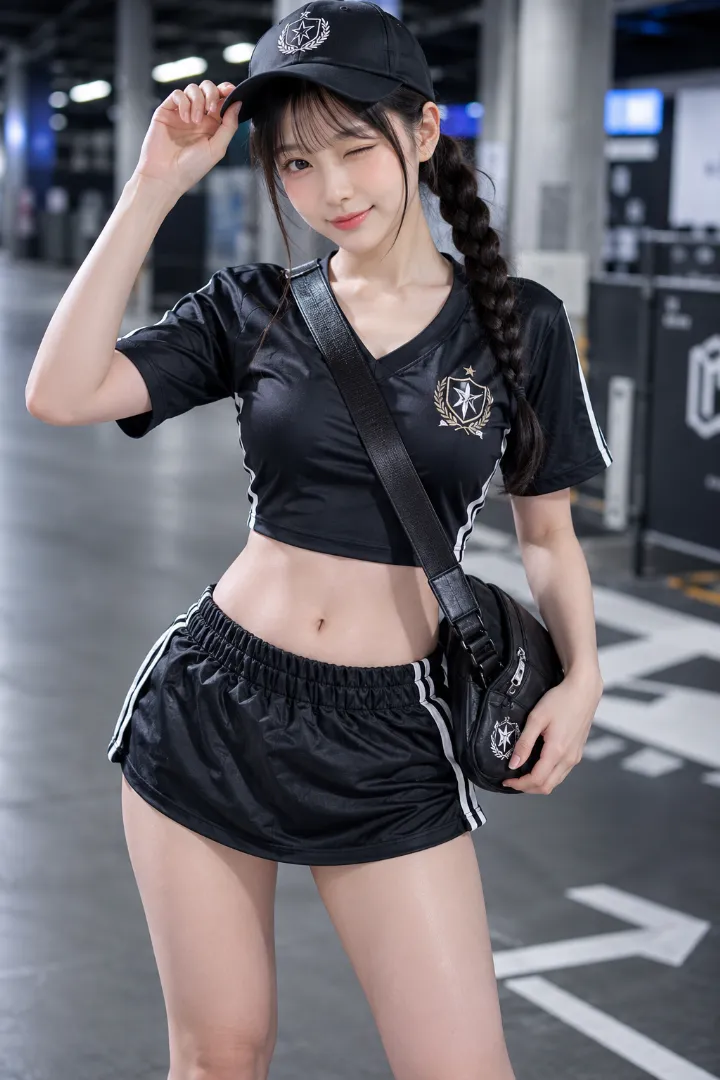 実写AI美女版｜黒のサッカーゲームシャツと白サイドライン入りギャザーマイクロスカートを合わせたスポーツコーデ