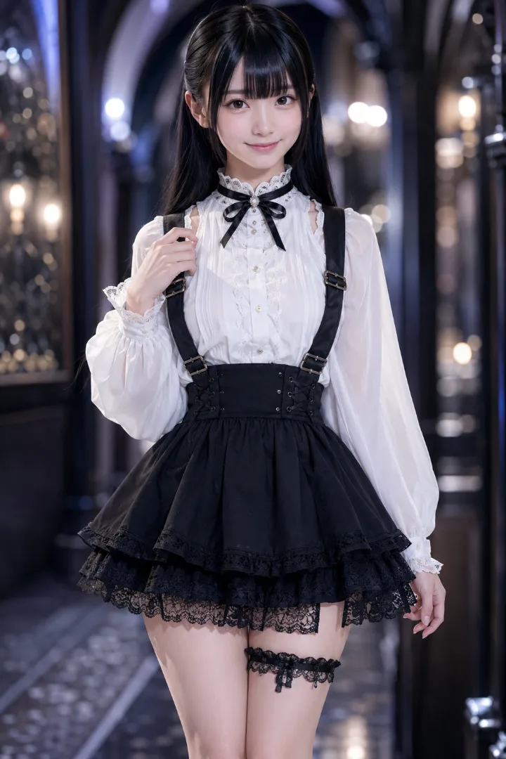 実写AI美女版｜白のシフォンブラウスと黒レースのサスペンダーフレアマイクロスカートを合わせたドールコーデ