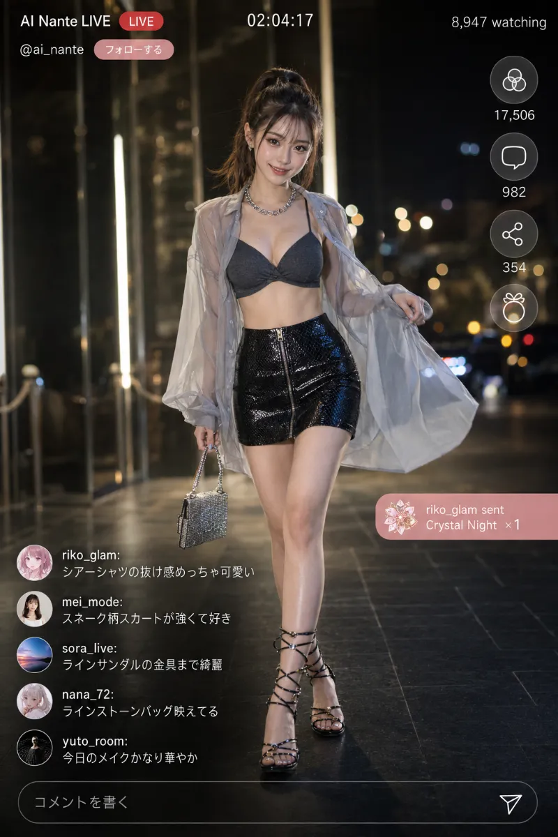 実写AI美女版|シルバーグレーのシアーシャツと黒レザー調ミニスカートのコーデ
