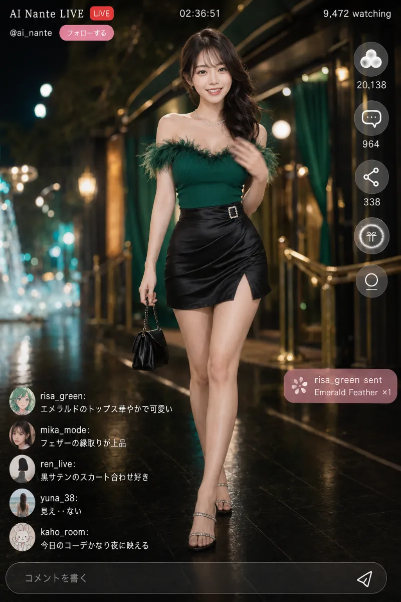 実写AI美女版|エメラルドのオフショルトップスと黒サテンスリットミニのコーデ
