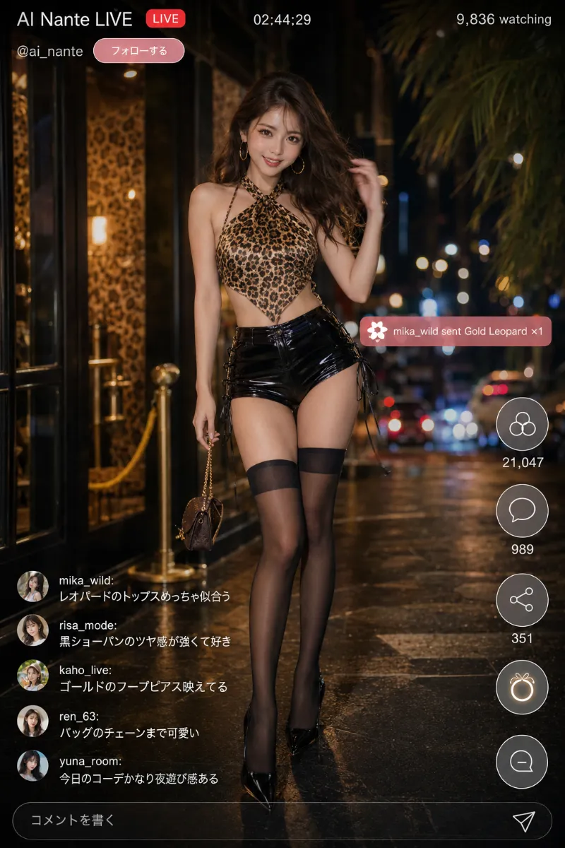 実写AI美女版|レオパード柄スカーフトップと黒ヴィニールショートパンツのコーデ