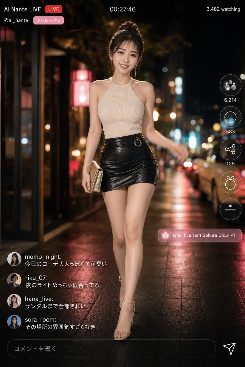 実写AI美女版|アイボリーベージュのリブホルターと黒ツヤミニスカートの夜遊びコーデ