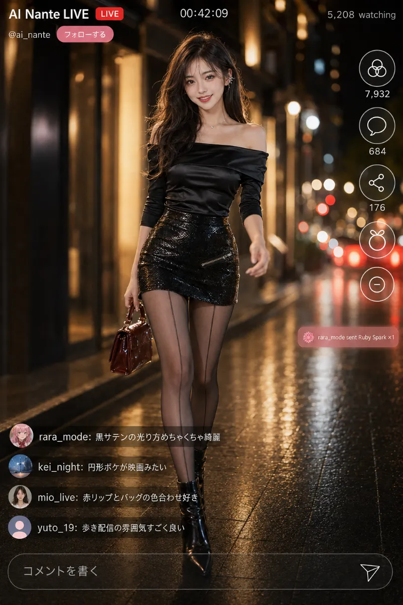 実写AI美女版|黒サテンオフショルトップスとエナメル蛇柄ミニスカートのコーデ