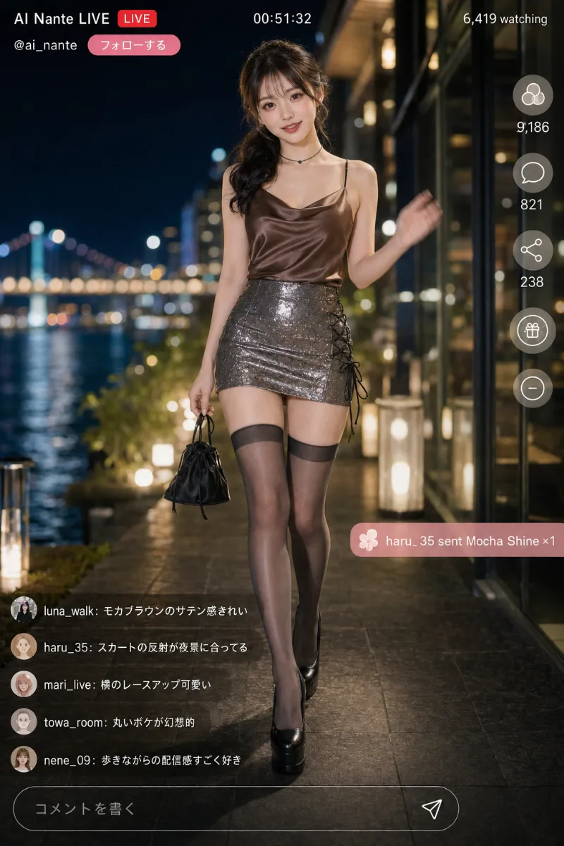 実写AI美女版|モカサテンキャミとグレージュメタリックミニスカートのコーデ