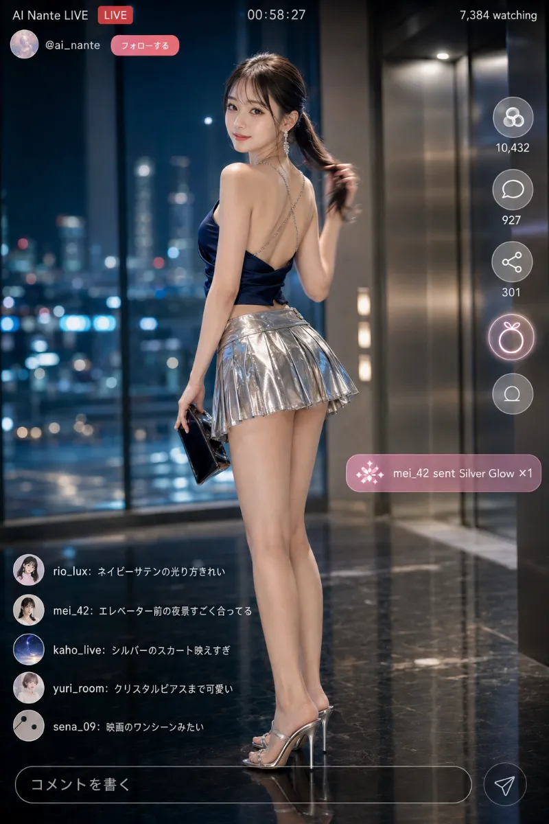 実写AI美女版|ネイビーのチェーンキャミとクロムシルバーのプリーツミニスカートコーデ