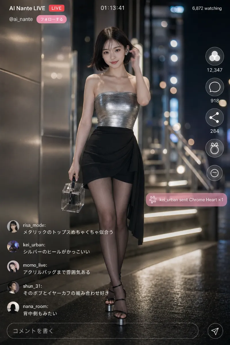 実写AI美女版|クロム調チューブトップと黒アシンメトリーミニスカートのコーデ