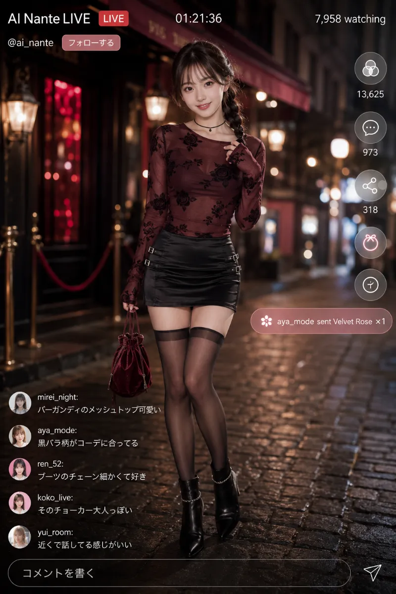 実写AI美女版|バーガンディのシアーメッシュトップスと黒ベルトミニスカートのコーデ