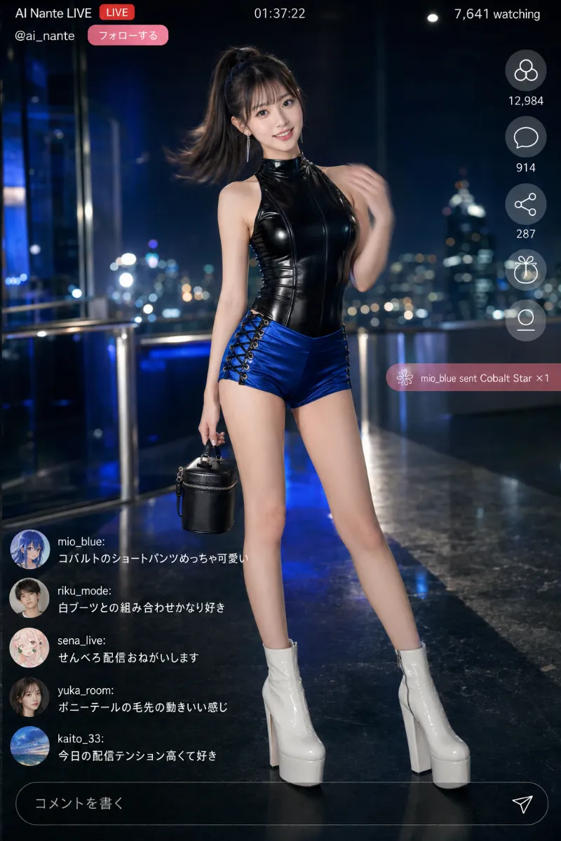 実写AI美女版|黒ラッカーボディスーツとコバルトブルーショーツの夜遊びコーデ