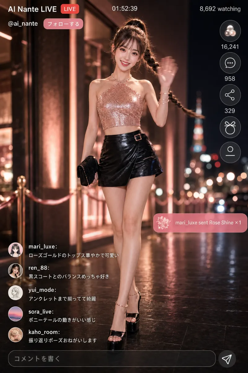 実写AI美女版|ローズゴールドのホルタートップと黒ラッカースコートのコーデ