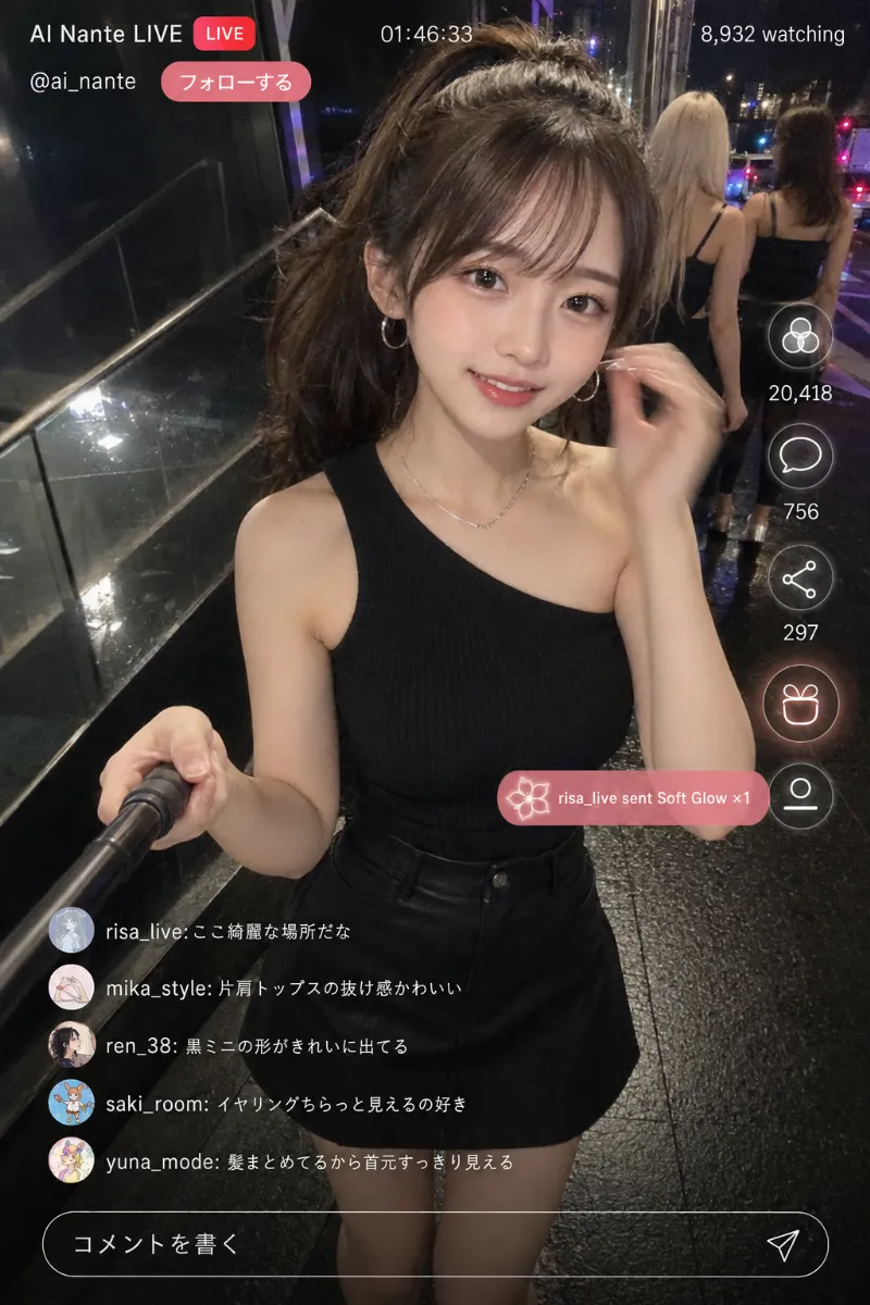実写AI美女版|黒ワンショルダートップスと黒台形ミニスカートの夜遊びコーデ