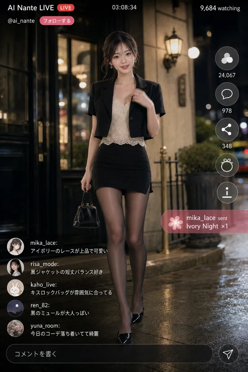 実写AI美女版|アイボリーレースキャミと黒短丈ジャケット、黒ミニスカートのコーデ