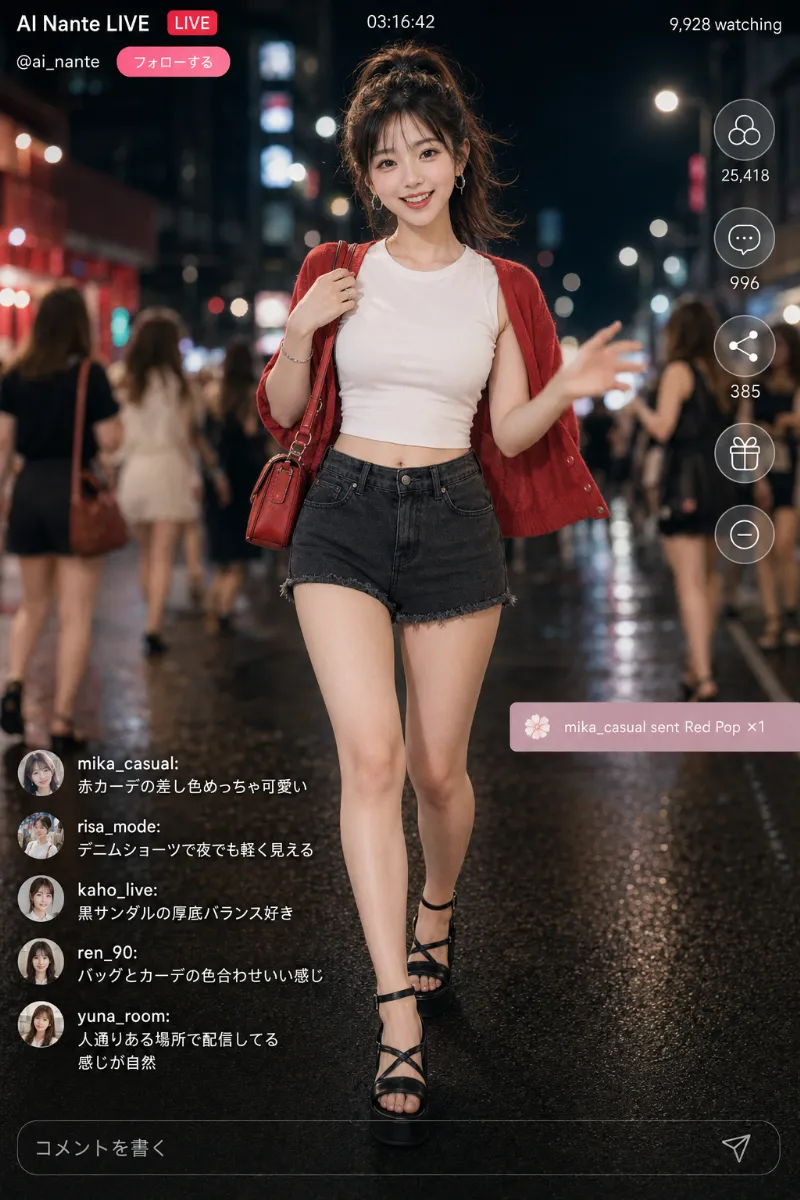 実写AI美女版|白Tシャツと黒デニムショーツに赤カーディガンを合わせたコーデ