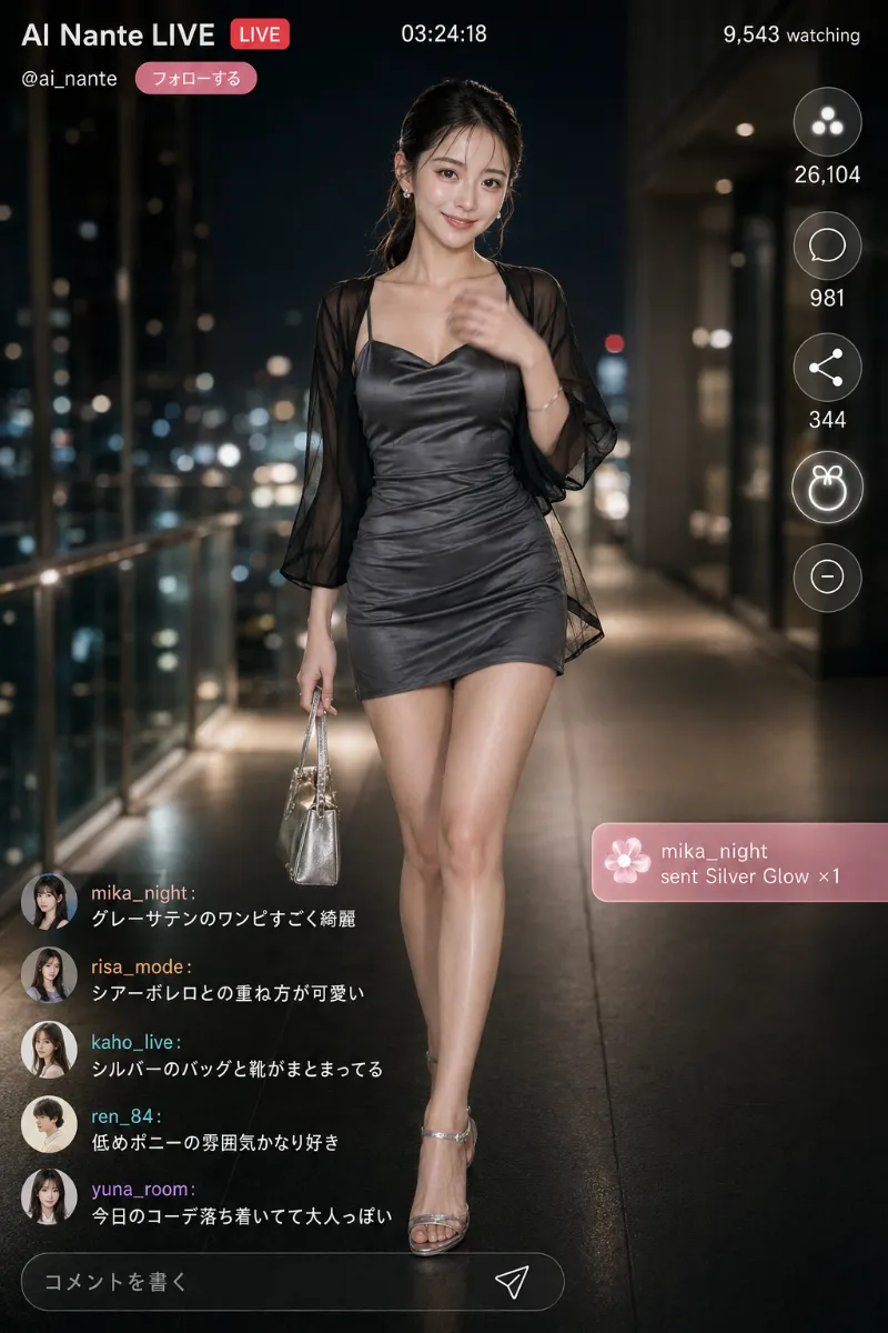 実写AI美女版|チャコールグレーのサテンキャミミニワンピと黒シアーボレロのコーデ
