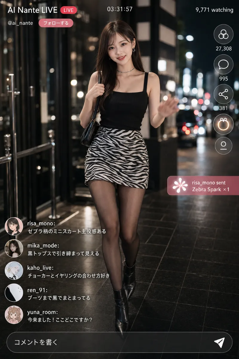 実写AI美女版|黒タンクトップと白黒ゼブラ柄ミニスカートの強め夜遊びコーデ