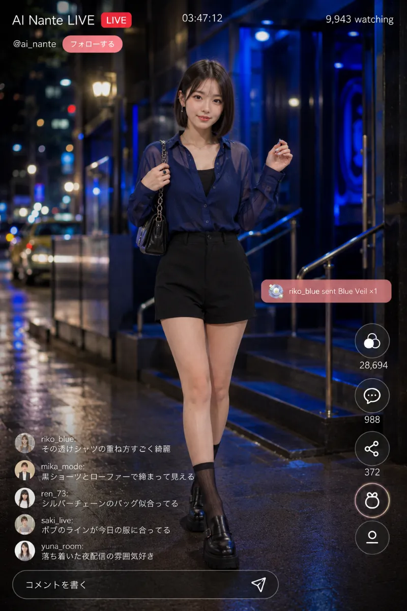 実写AI美女版|ディープブルーのシアーブラウスと黒ショートパンツの夜遊びコーデ