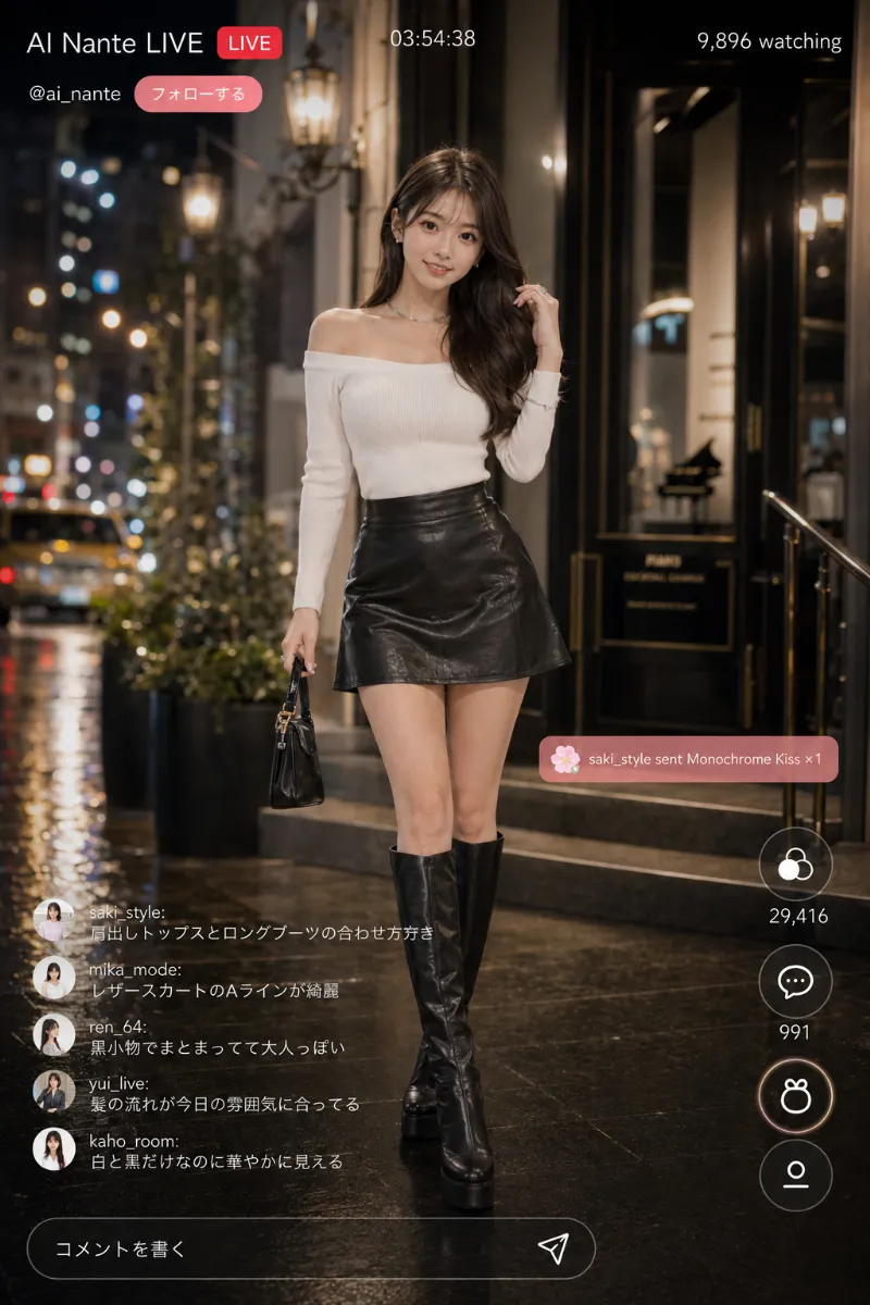 実写AI美女版|白オフショルトップスと黒レザー調ミニスカートの夜遊びコーデ