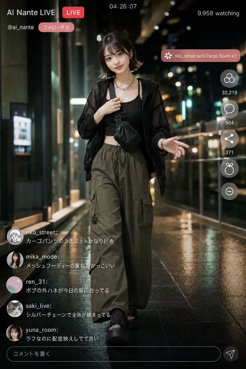 実写AI美女版|黒クロップドタンクとオリーブカーキのワイドカーゴパンツコーデ