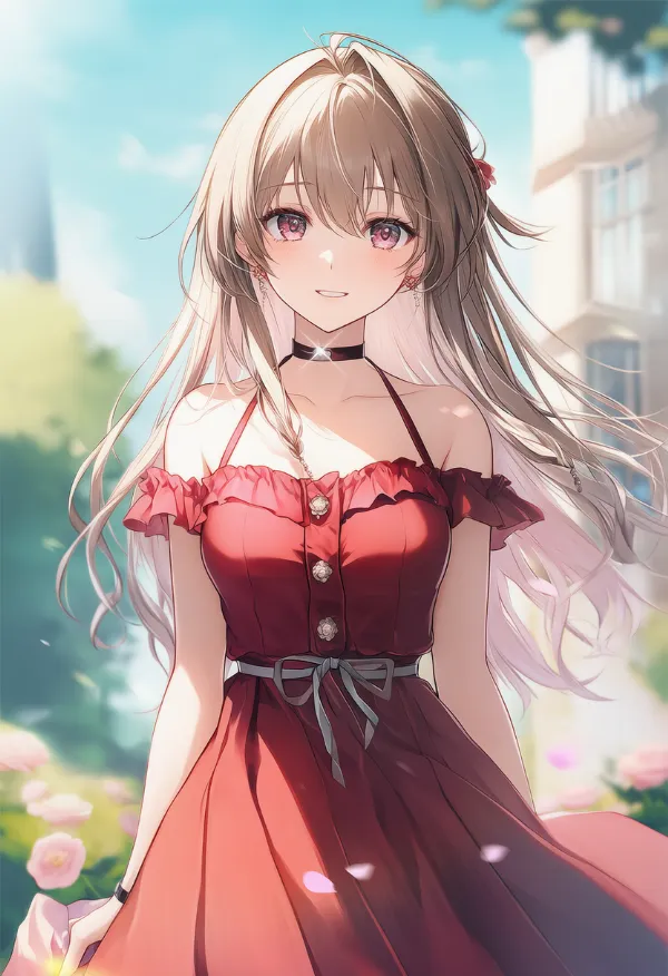 オフショルダードレスの着こなしのAIイラスト（プロンプト紹介用）