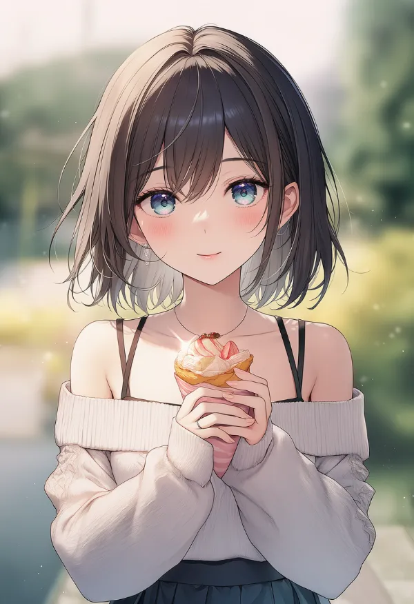 オフショルダーセーターの着こなしのAIイラスト（プロンプト紹介用）