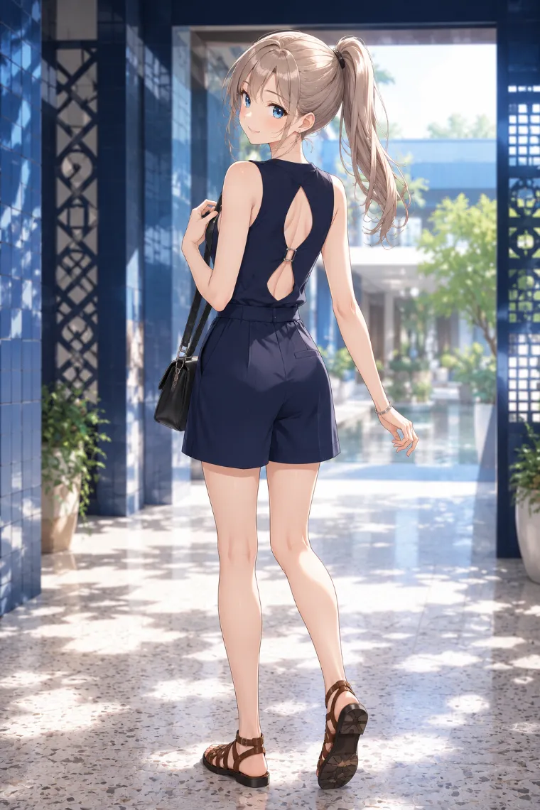 AIイラスト版｜リングで連結した二段開口のネイビートップスとショートパンツのバックシャンコーデ