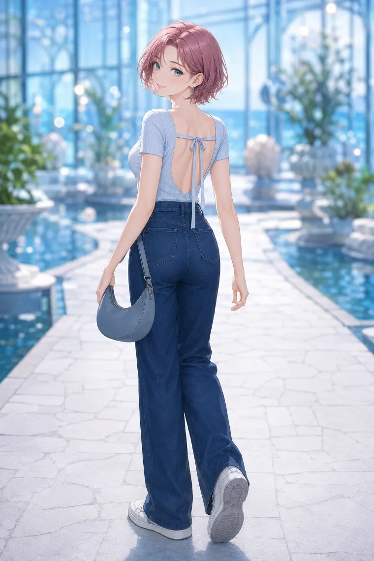 AIイラスト版｜中央リボン付きU字開きの水色Tシャツと濃紺ワイドデニムを合わせたバックシャンコーデ