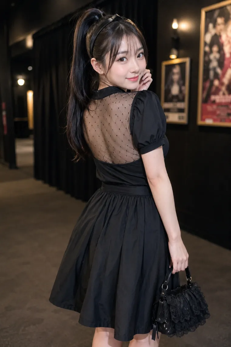 実写AI美女版｜背中上部をドットチュールに切り替えた黒ブラウスとロングスカートのバックシャンコーデ