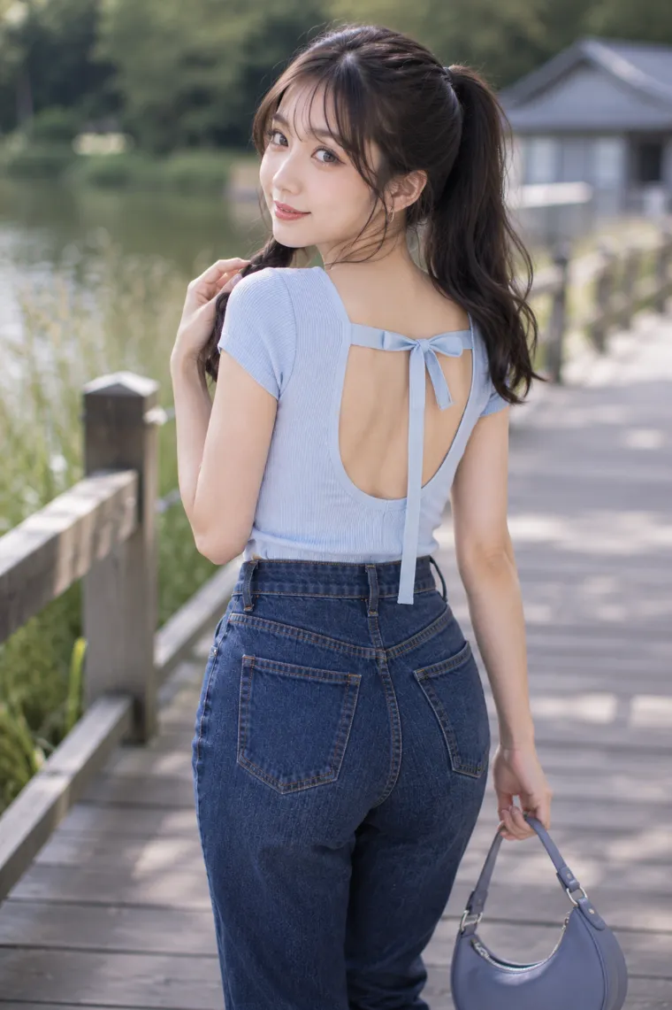 実写AI美女版｜中央リボン付きU字開きの水色Tシャツと濃紺ワイドデニムを合わせたバックシャンコーデ