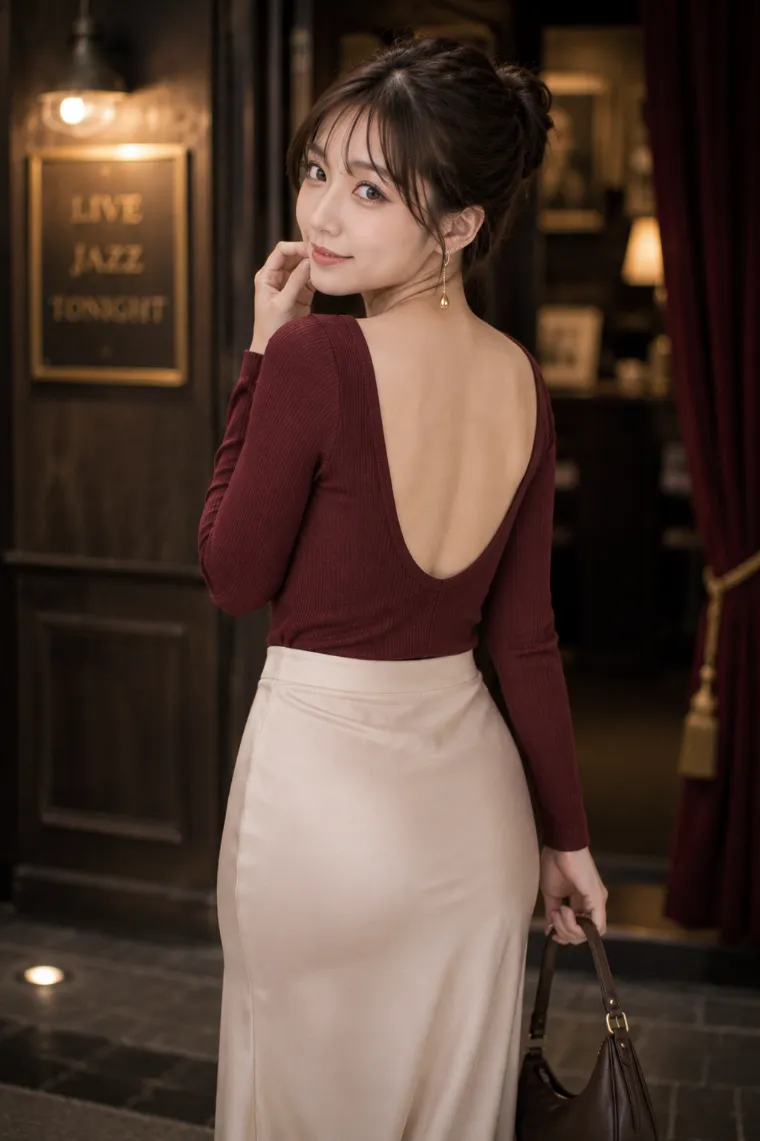 実写AI美女版｜深U開きのボルドー長袖トップスとエクリュのミディスカートを合わせたバックシャンコーデ