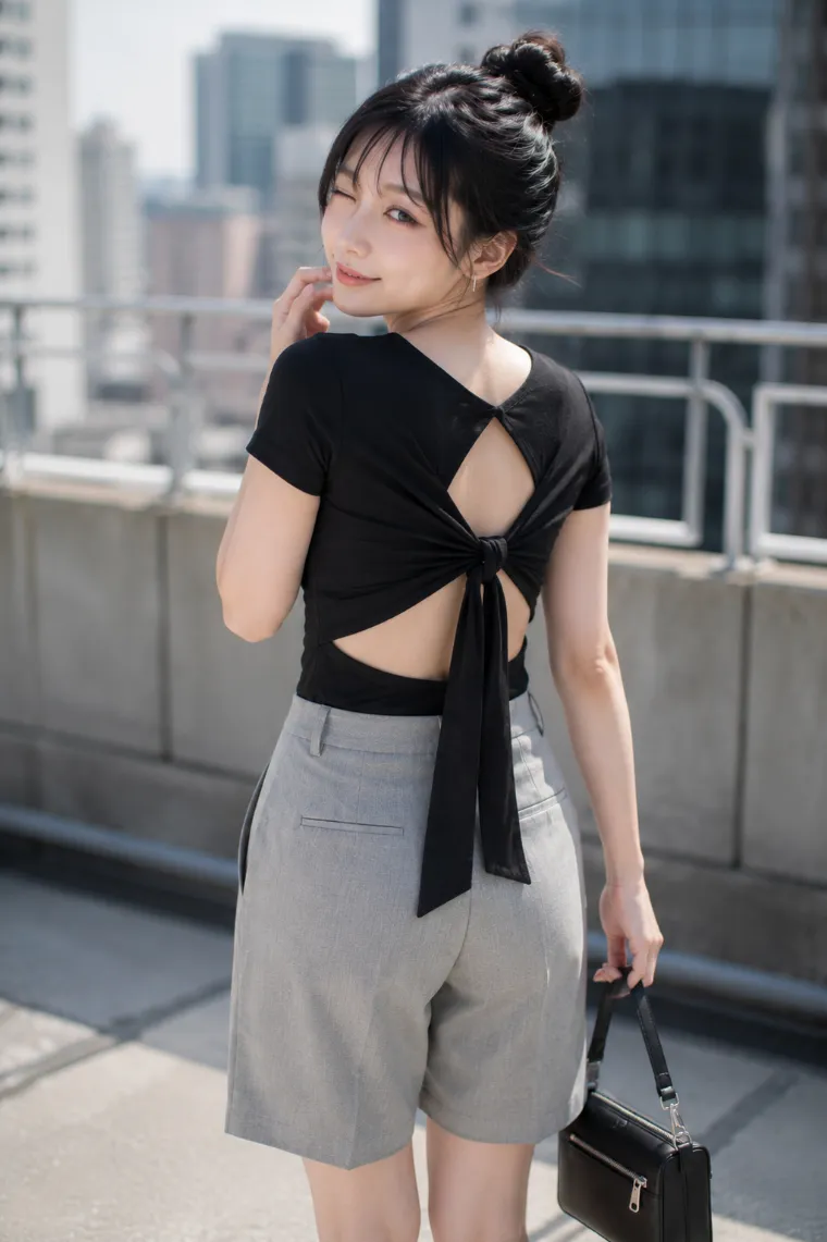 実写AI美女版｜中央ノットと二段開口がある黒Tシャツとグレーのバミューダパンツのバックシャンコーデ