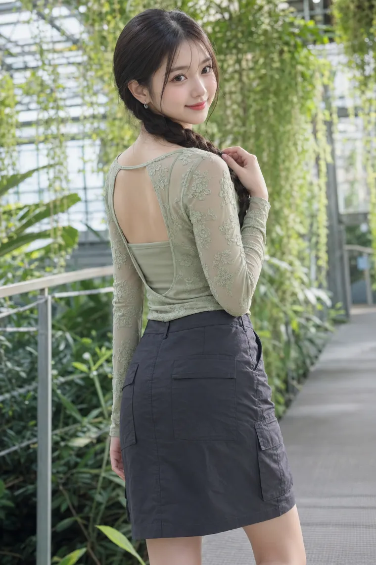 実写AI美女版｜丸開口の花柄チュールトップスとチャコールのカーゴスカートを合わせたバックシャンコーデ