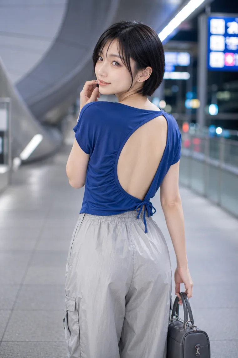 実写AI美女版｜斜め三日月開口のコバルトブルートップスとシルバーグレーパンツのバックシャンコーデ