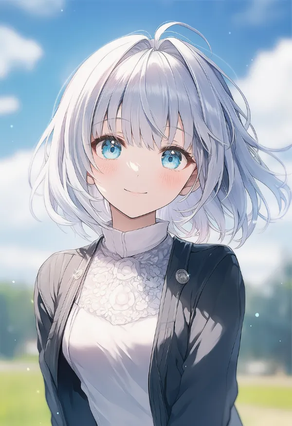 ベストの前を開けた着こなしのAIイラスト（プロンプト紹介用）