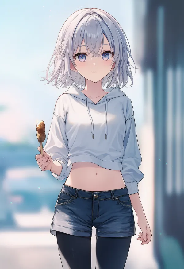 ショートパンツの下にズボンを重ねた着こなしのAIイラスト（プロンプト紹介用）