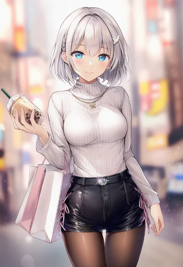 ショートパンツの下にパンストを合わせた着こなしのAIイラスト（プロンプト紹介用）