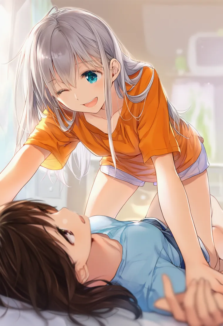 オレンジ色のTシャツを着た女性キャラクターが仰向けの相手の手首をつかんで押さえ込むAIイラスト